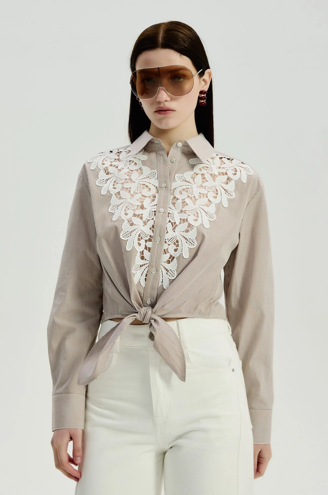 Lace Panel Striped Cropped Shirt - Image 2