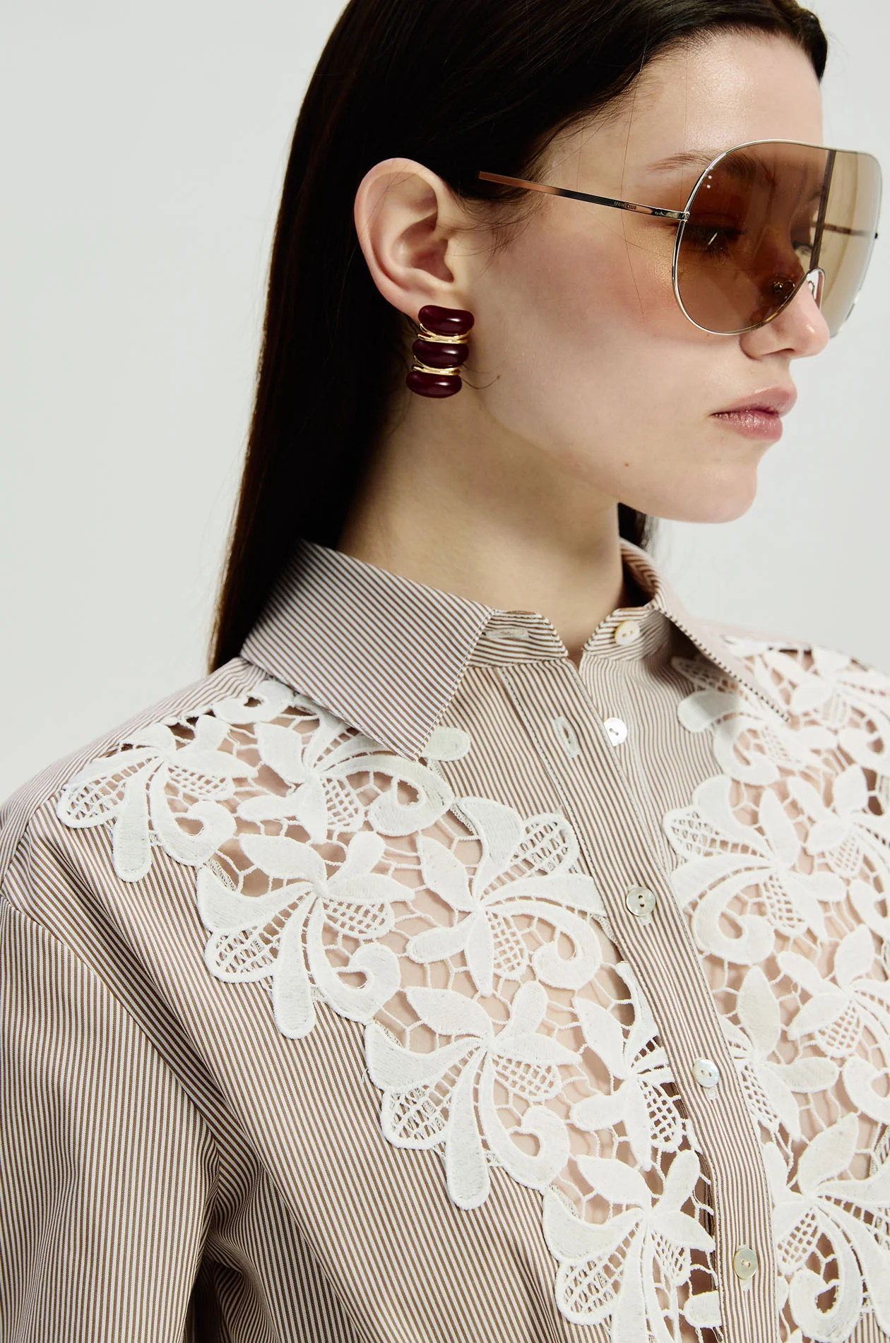 Lace Panel Striped Cropped Shirt - Image 3