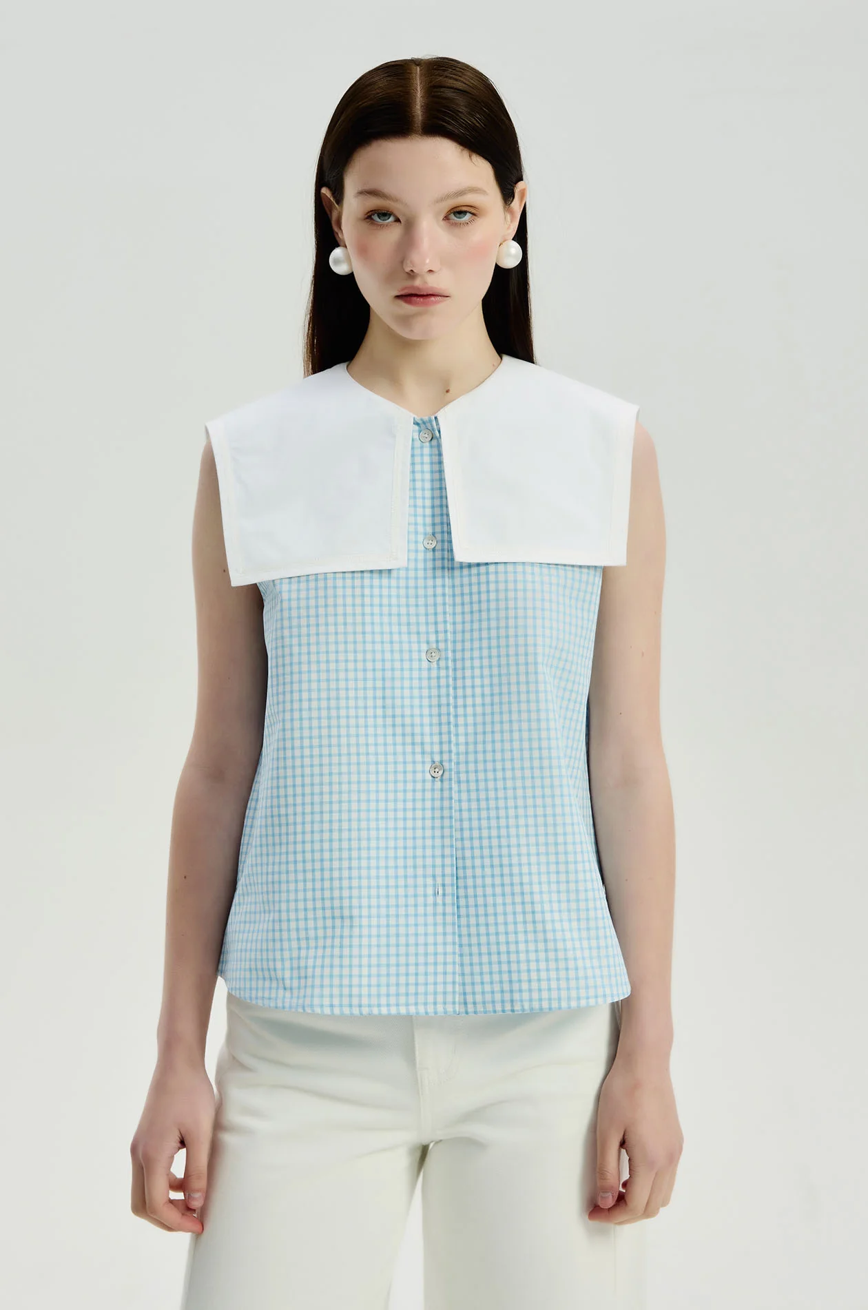 Gingham Sleeveless Sailor Blouse - Image 2