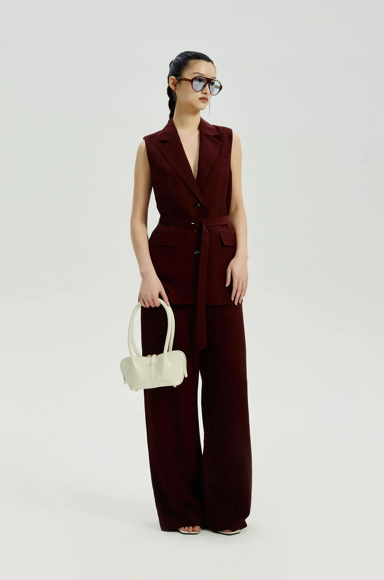 Sleeveless Linen-Blend Blazer with Belt