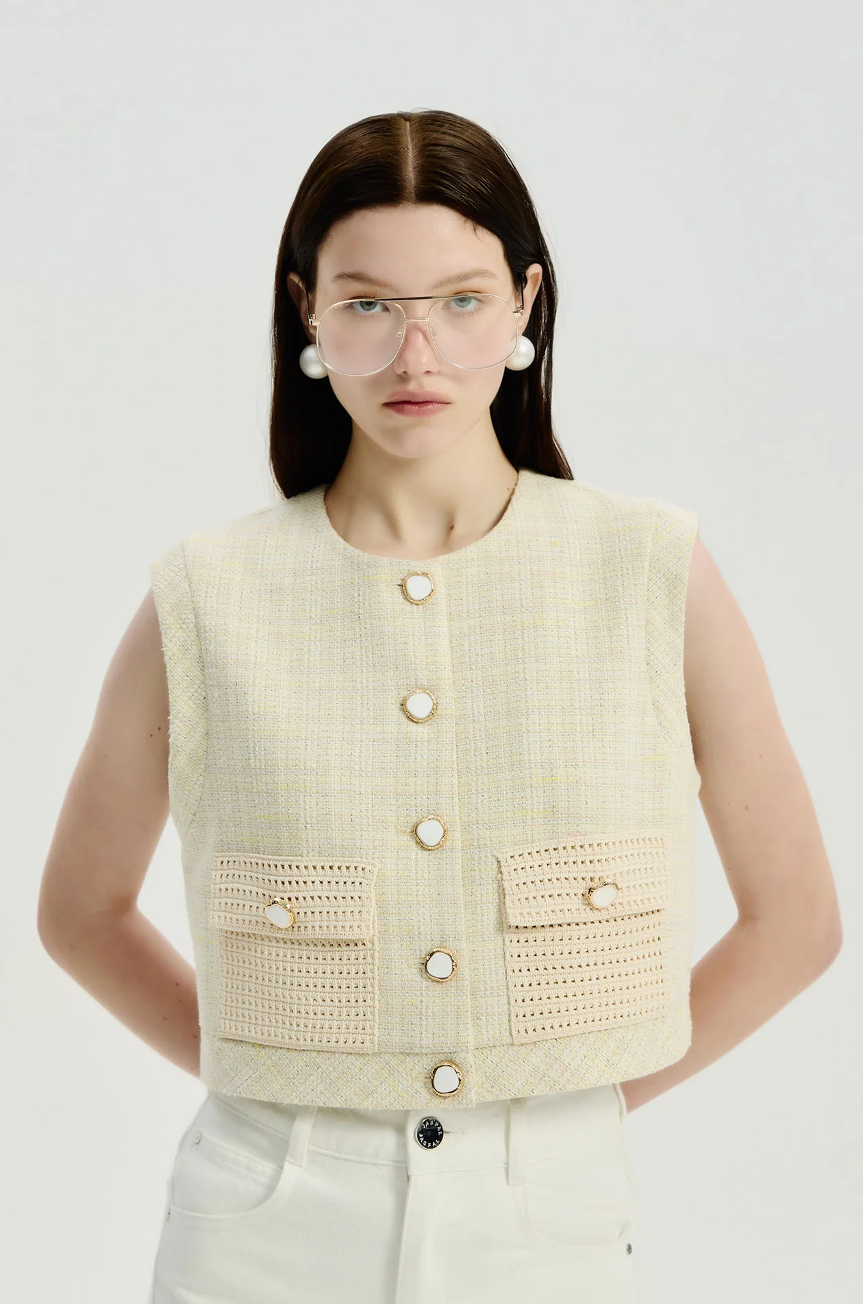 Crochet Pocket Tweed Crop Top - Image 2
