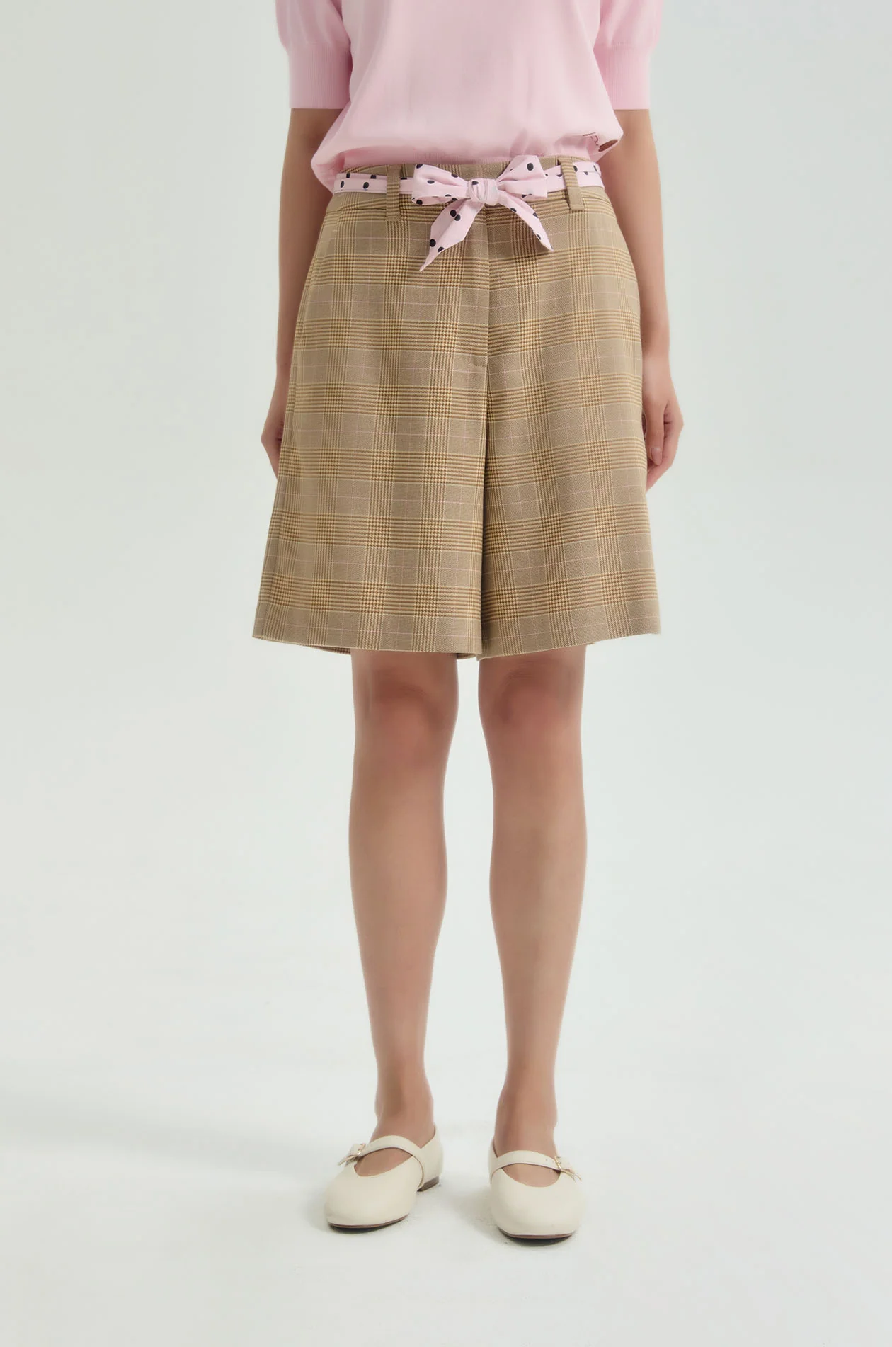 Plaid Bermuda Shorts with Dot Belt - Image 2
