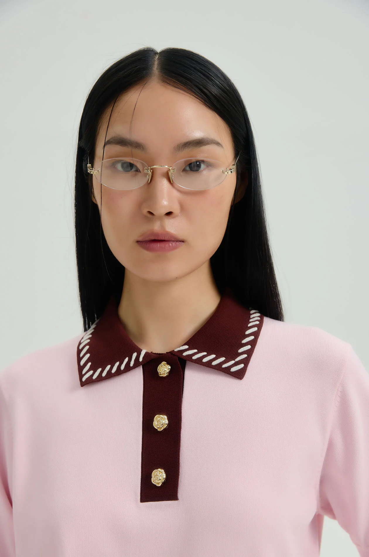 Stitching Collar Knit Polo in Pink - Image 3