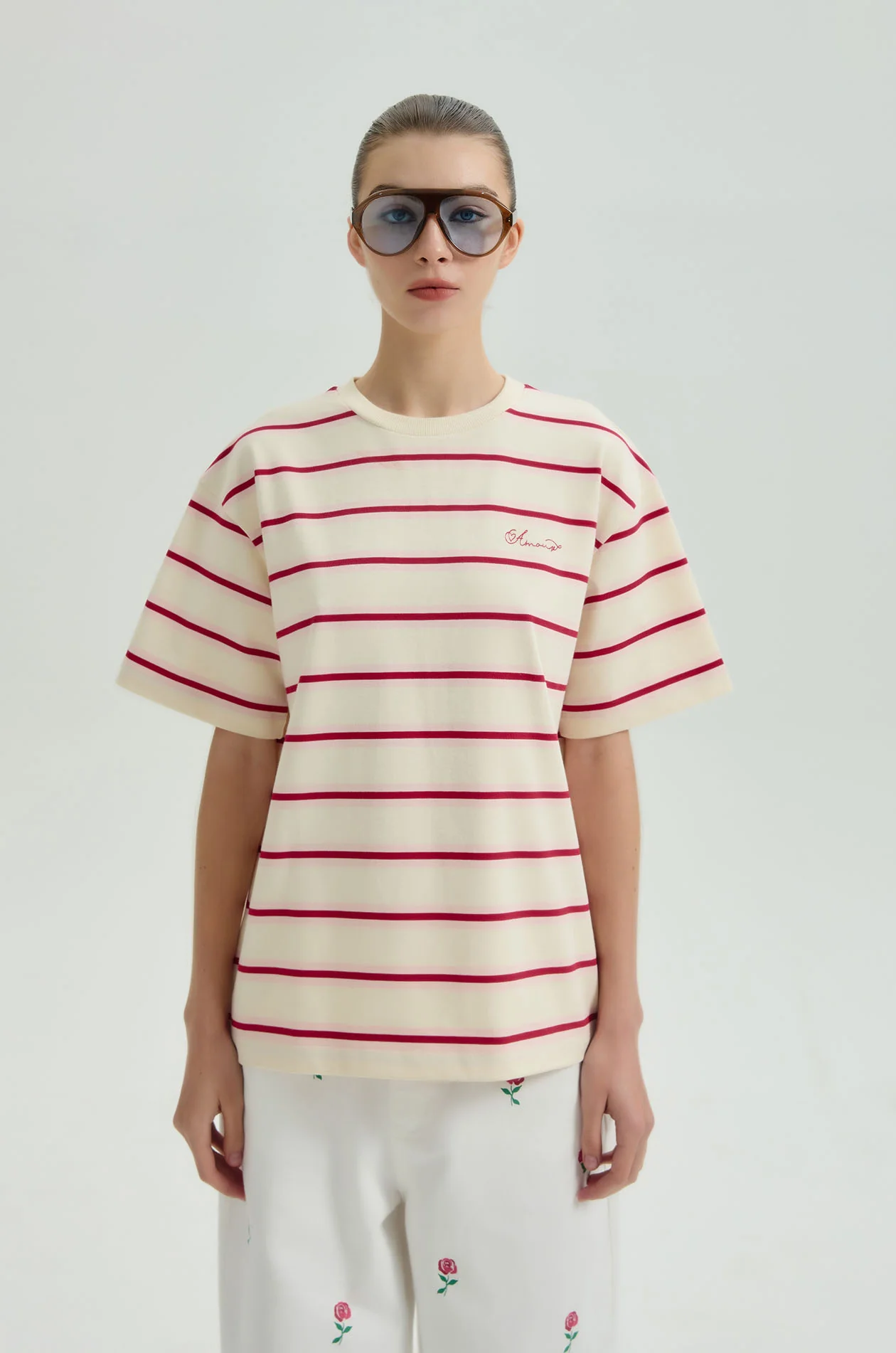 Oversized Striped T-Shirt in Cream - Image 2
