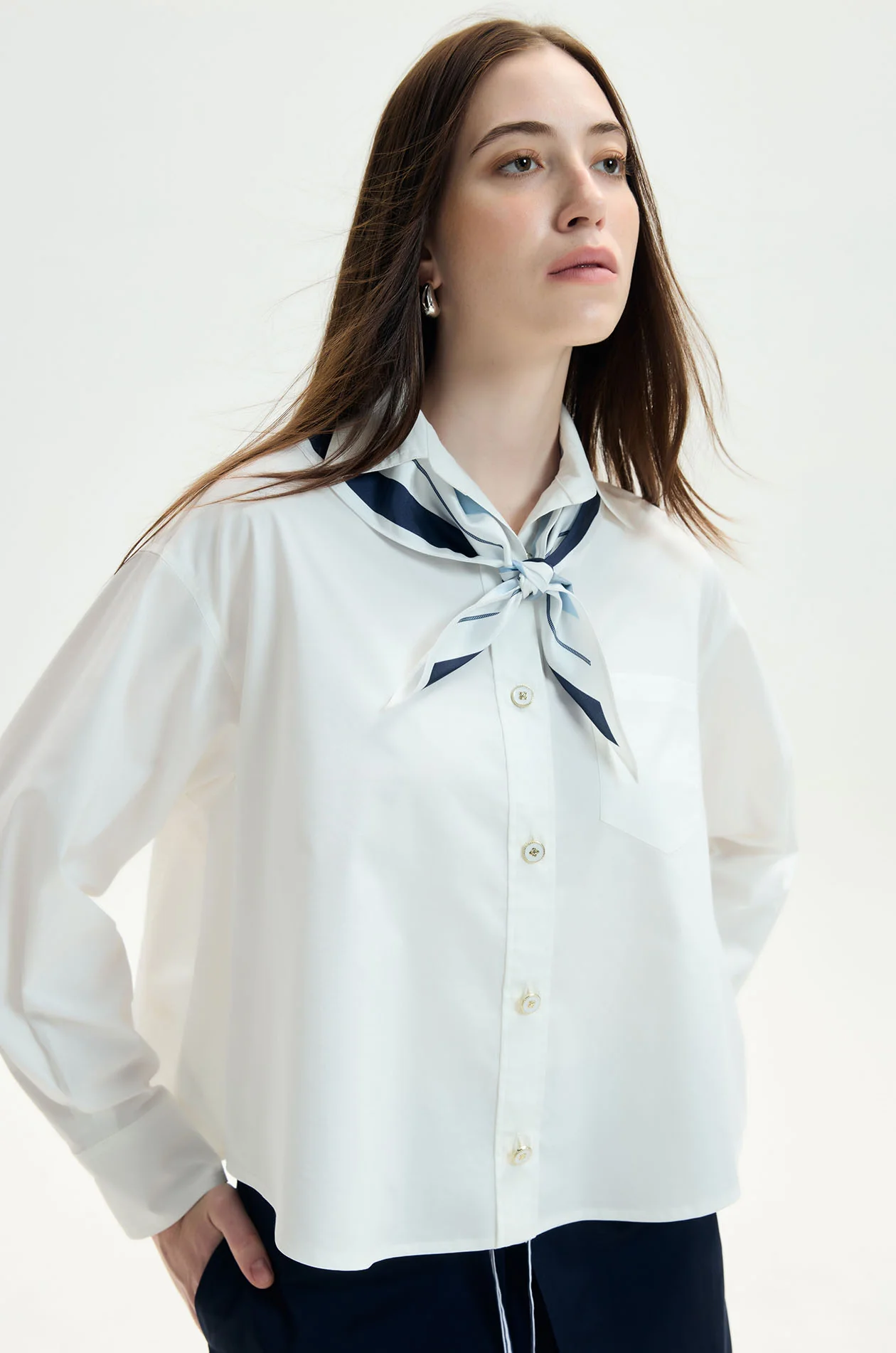 Solid Oversized Shirt with Scarf - Image 3