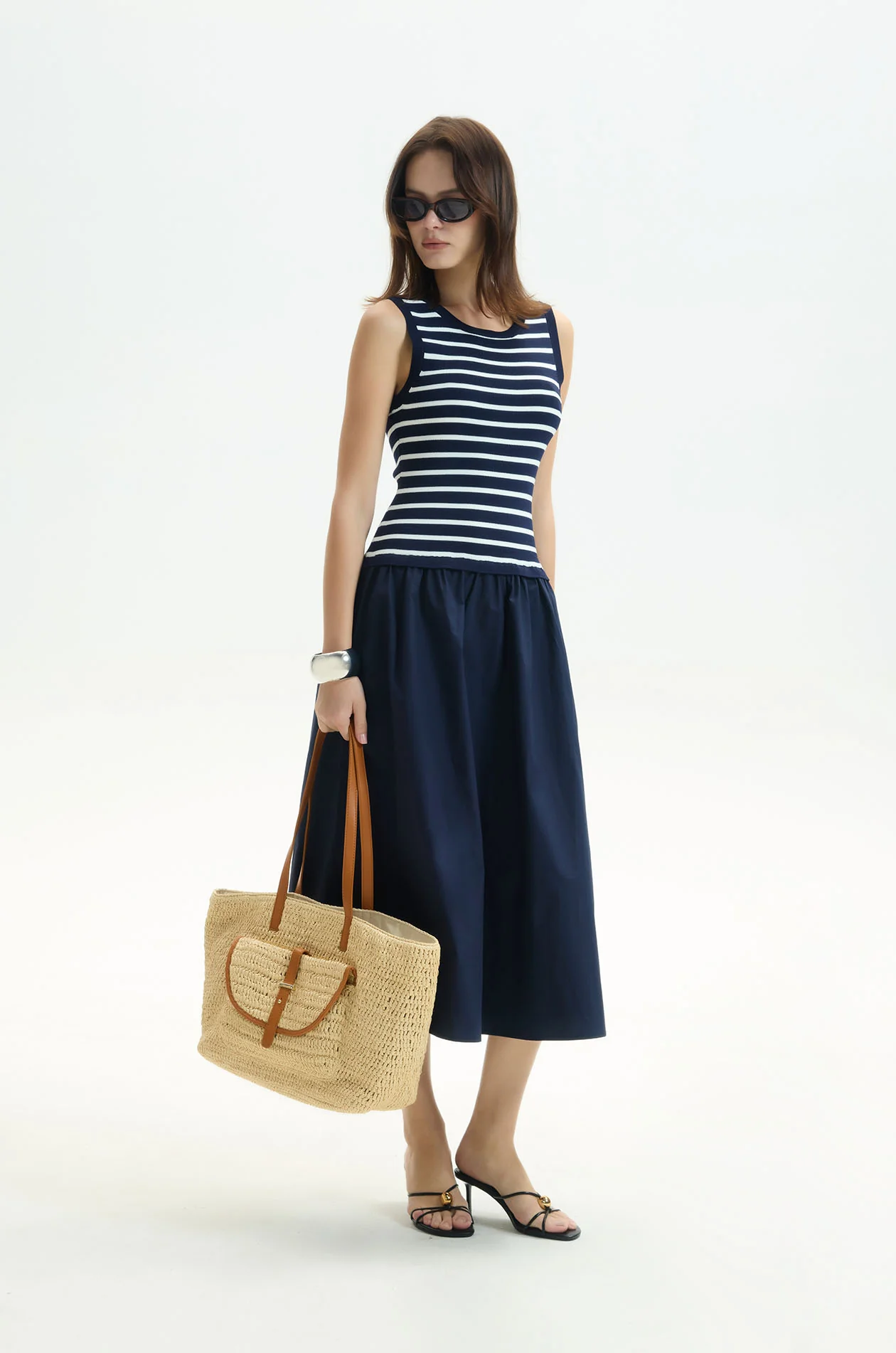 Striped Knit‑Poplin Midi Dress